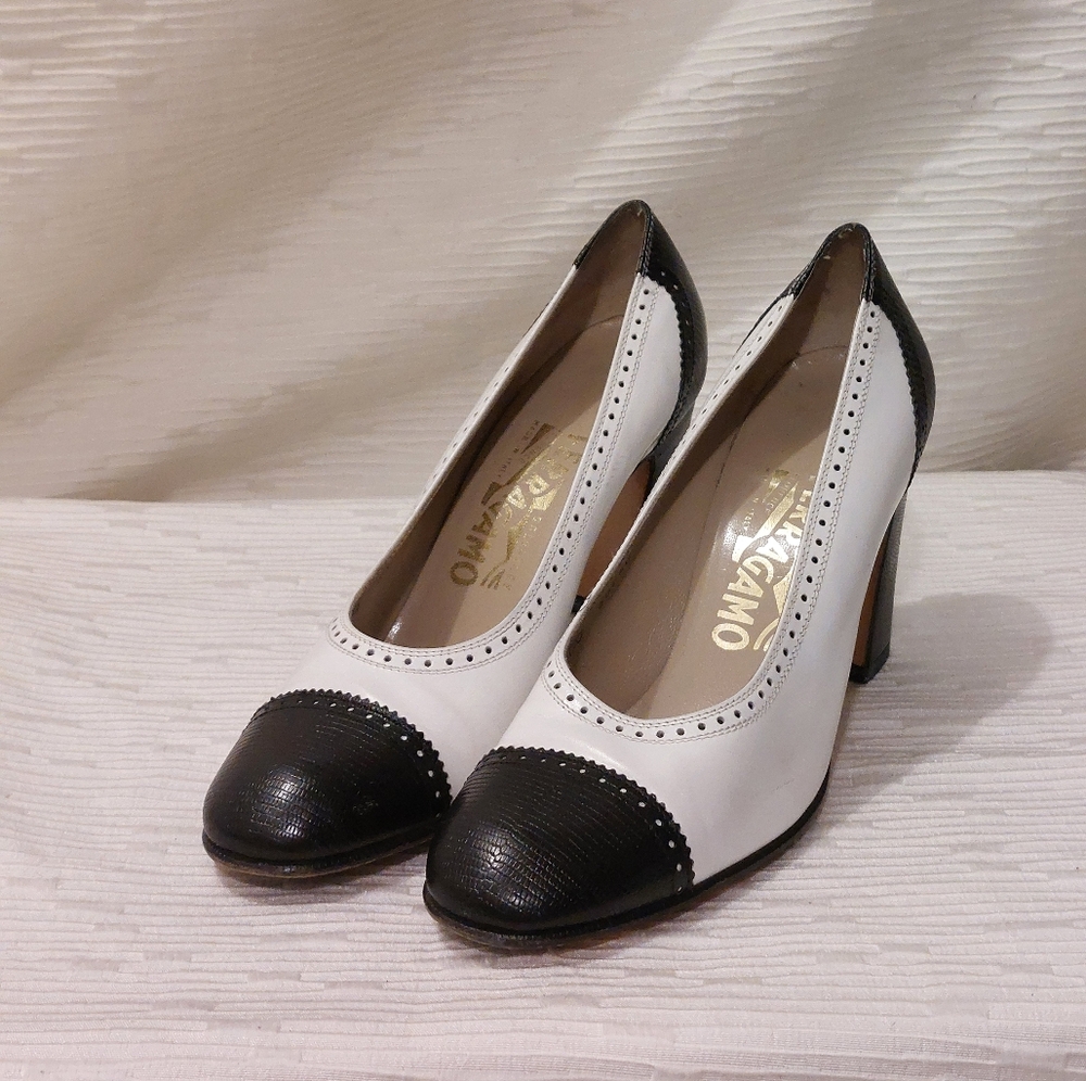 Leather Salvatore Ferragamo Black and White Heels Size 6.5 - Picture 1 of 15